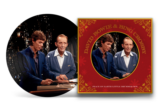 Vinyl record and cover featuring David Bowie and Bing Crosby with a red border.
