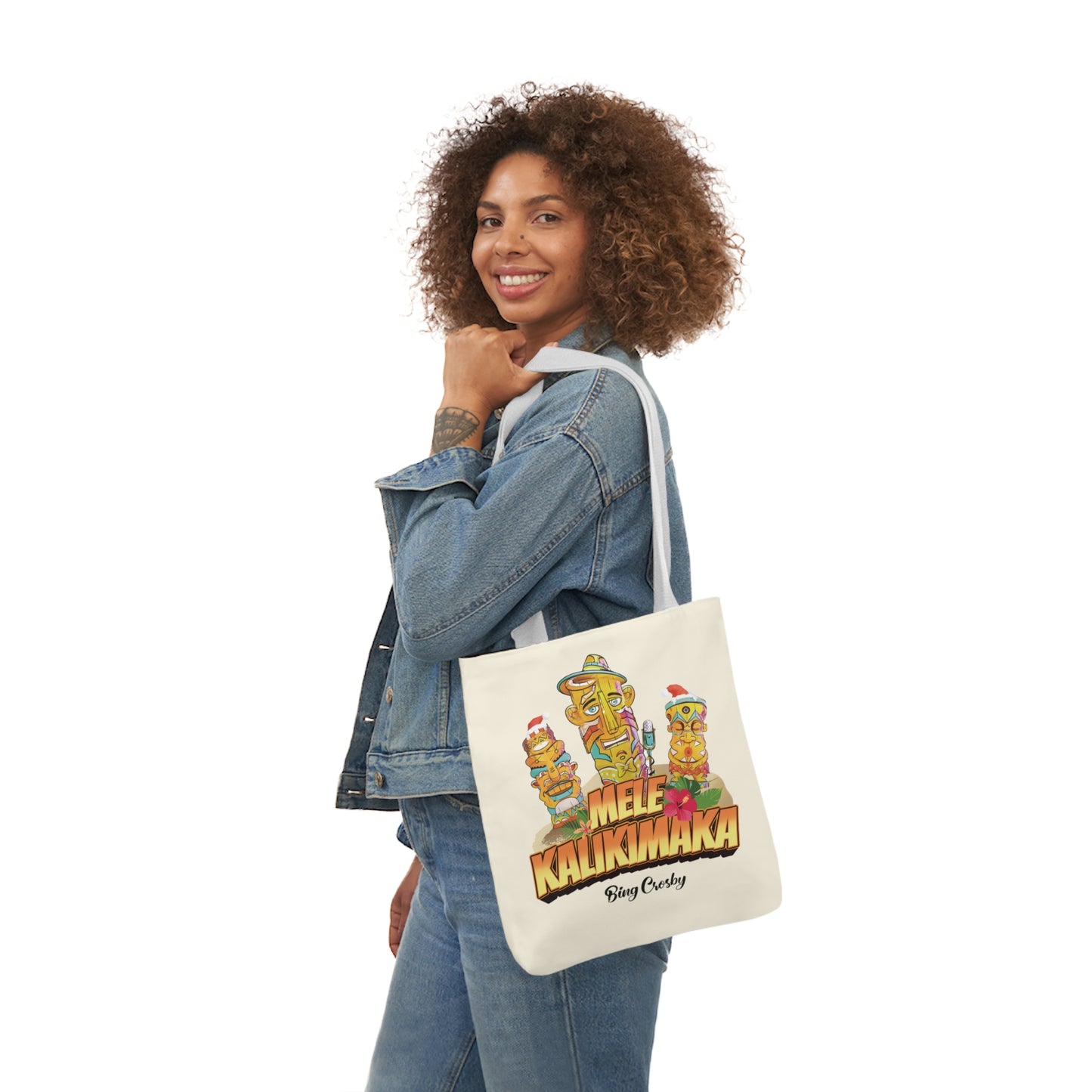 Mele Kalikimaka Beige Canvas Tote Bag with Customizable Strap Colors