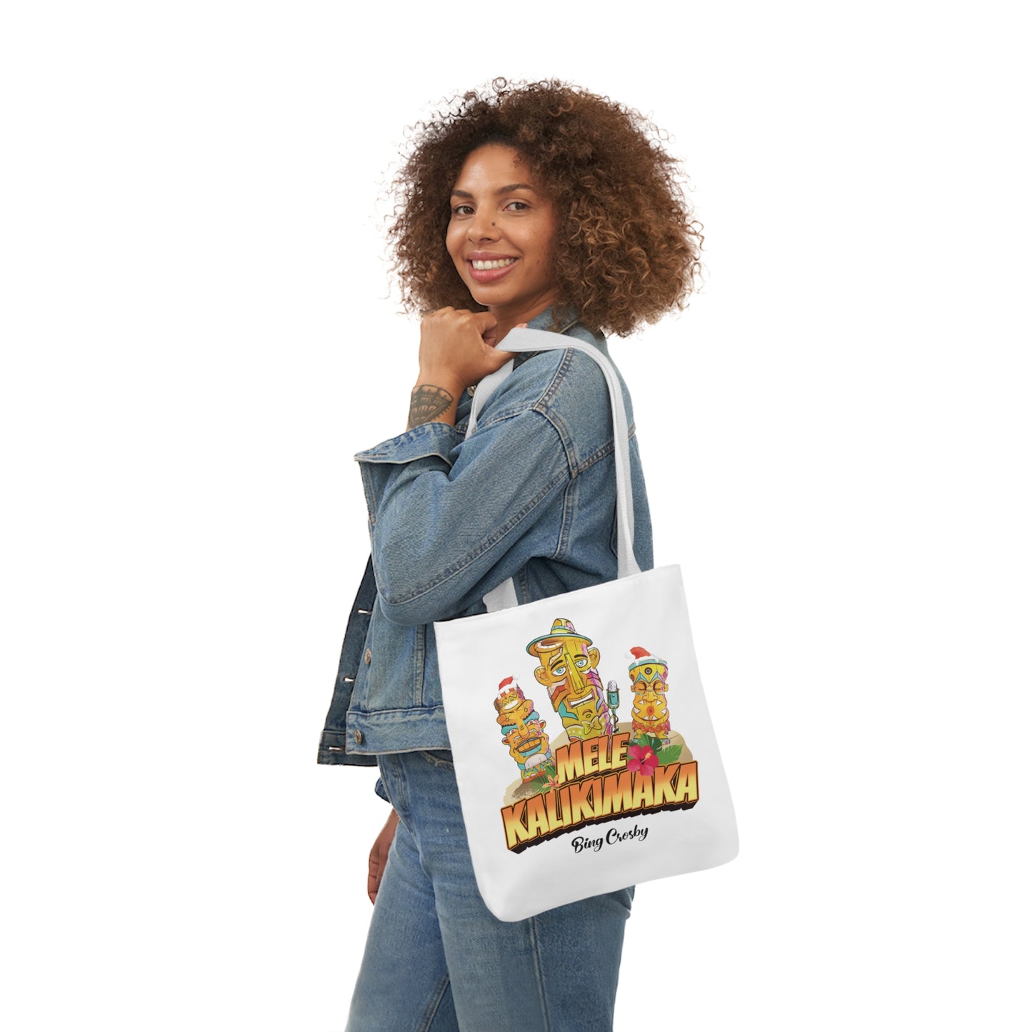 Mele Kalikimaka White Canvas Tote Bag with Customizable Strap Colors